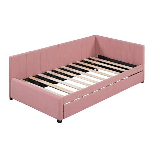 Upholstered Daybed with LED and Trundle, Teddy Fleece Sofa Bed for Kids Bedroom Dorm Beige k7