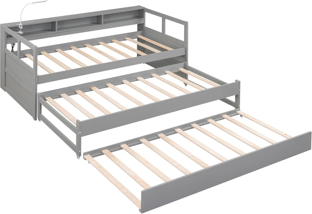 Twin XL Daybed with 2 Trundle Beds Wood Platform Bed with Storage Headboard Gray k7m