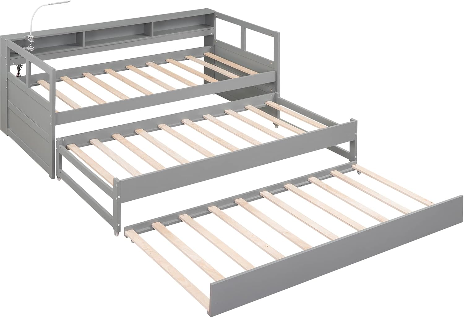 Twin XL Daybed with 2 Trundle Beds Wood Platform Bed with Storage Headboard Gray k7m