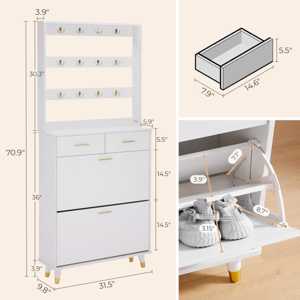 Multi-Functional Entryway Armoire with Drawers and Shoe Storage White k7
