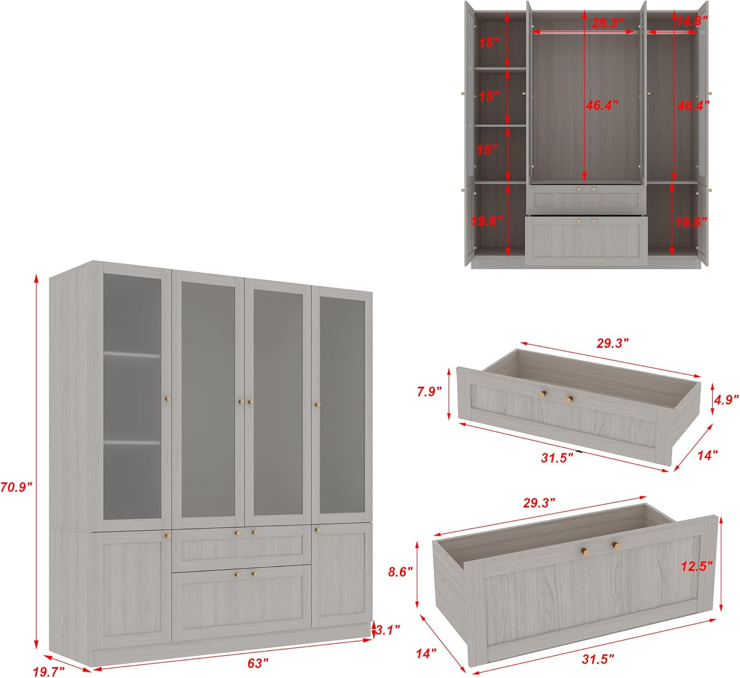 Armoire Wardrobe with 4 Frosted Glass Doors, Wooden Storage Cabinet for Bedroom k7