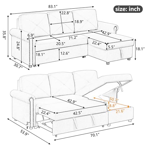 L Shaped Convertible Sleeper Sectional Sofa with Storage Chaise Gray k7