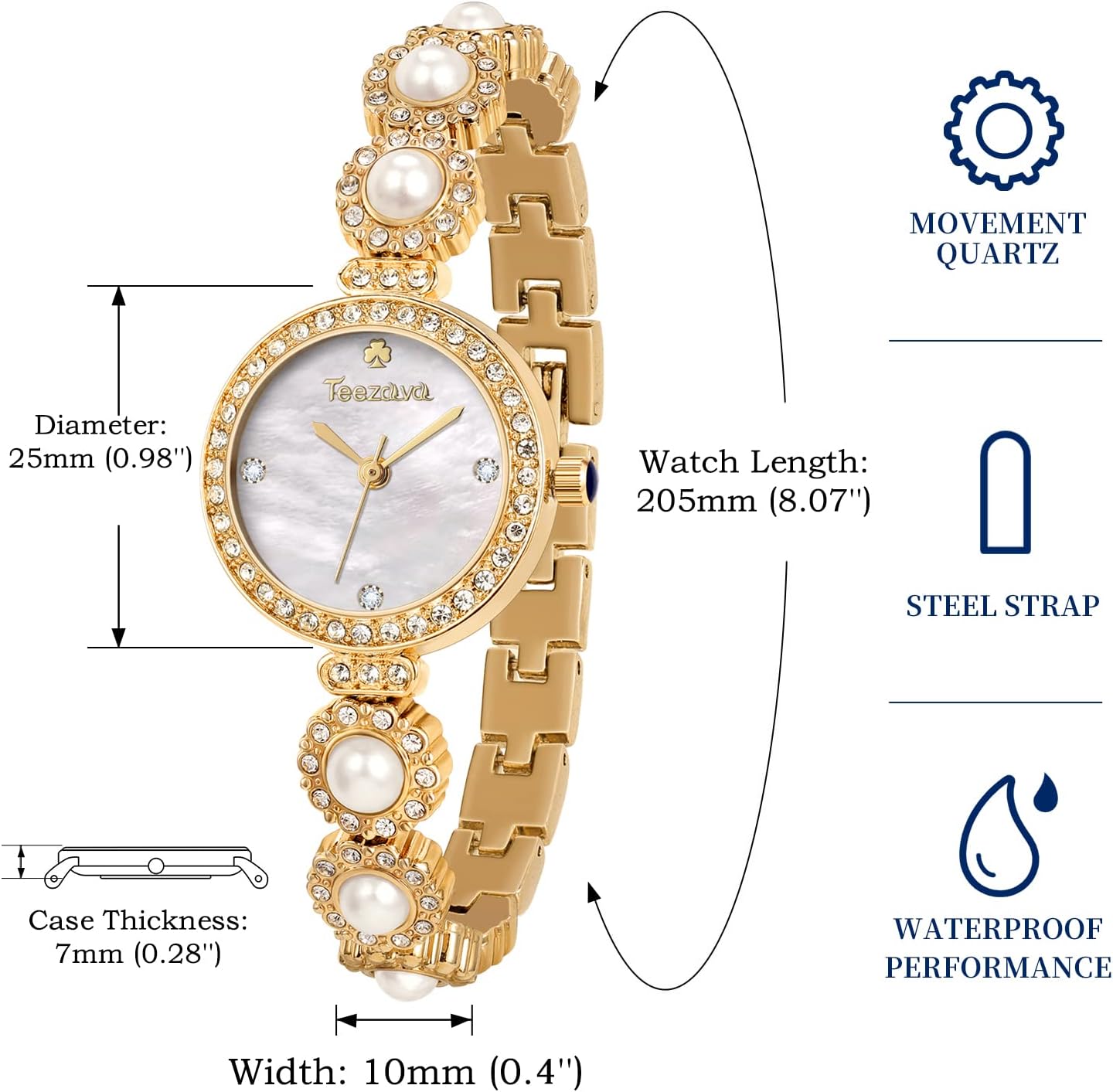 Ladies Pearl Dial Quartz Watch Waterproof Stainless Steel a7