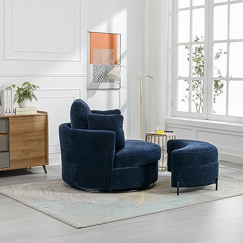 Beige Chenille Swivel Barrel Chair with Ottoman q7m