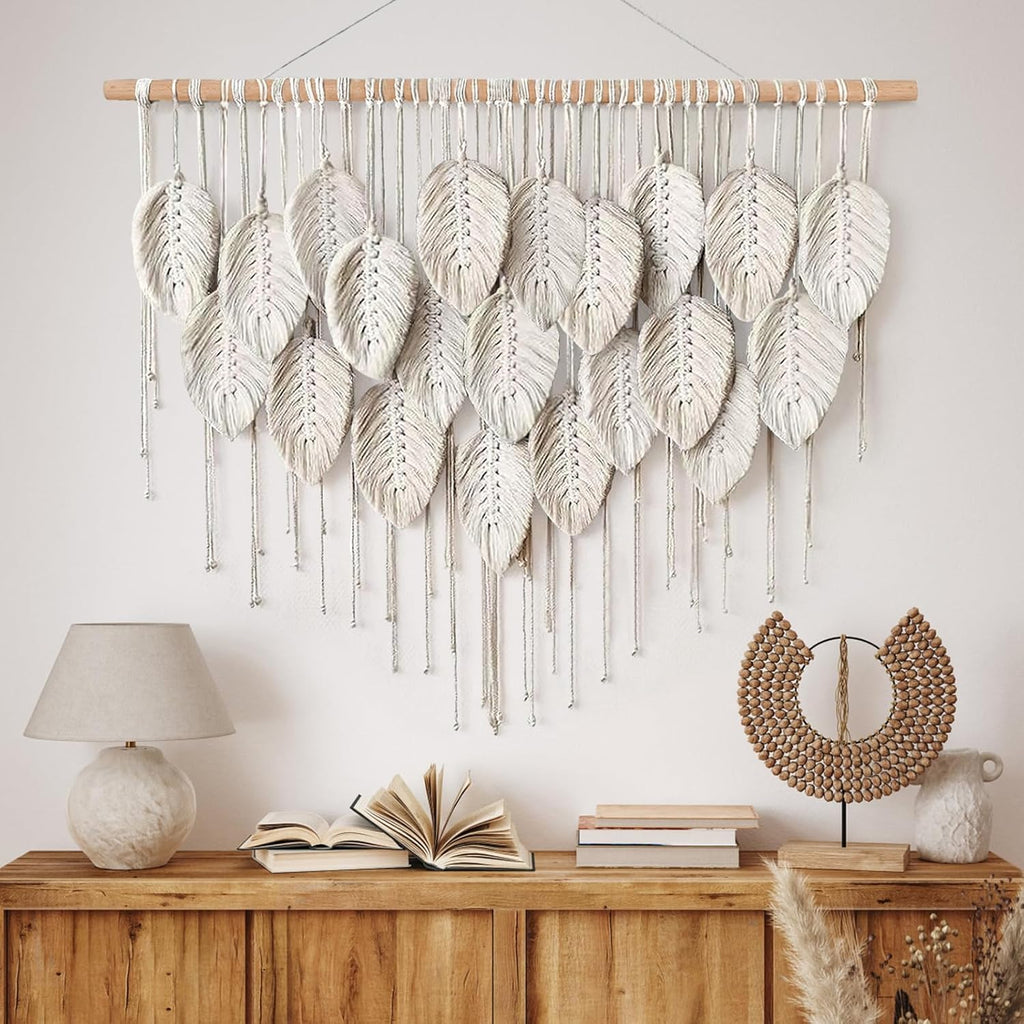 Macrame Wall Hanging Boho Beige Leaves Tapestry Handmade Woven Art k7m