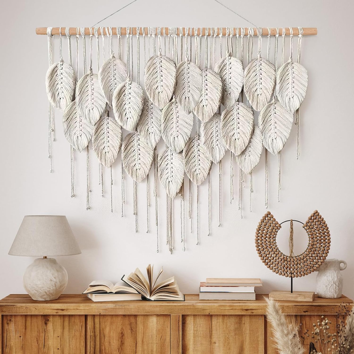 Macrame Wall Hanging Boho Beige Leaves Tapestry Handmade Woven Art k7m