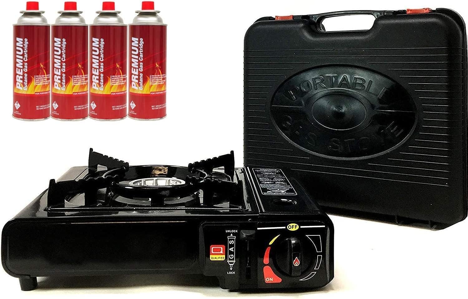 Portable Butane Gas Stove & 4 pack Butane Canister Complete Set With Carrying Case - Full Stainless Steel Body Electronic Ignition for Outdoor Camping Tailgating Backyard