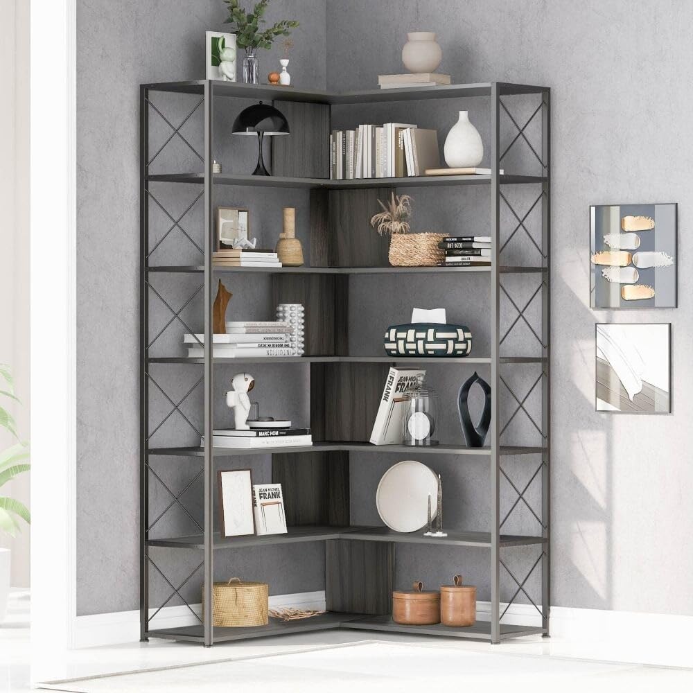 Industrial Corner Bookcase Bookshelf Silver MDF k7
