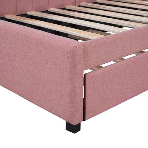 Upholstered Daybed with LED and Trundle, Teddy Fleece Sofa Bed for Kids Bedroom Dorm Beige k7