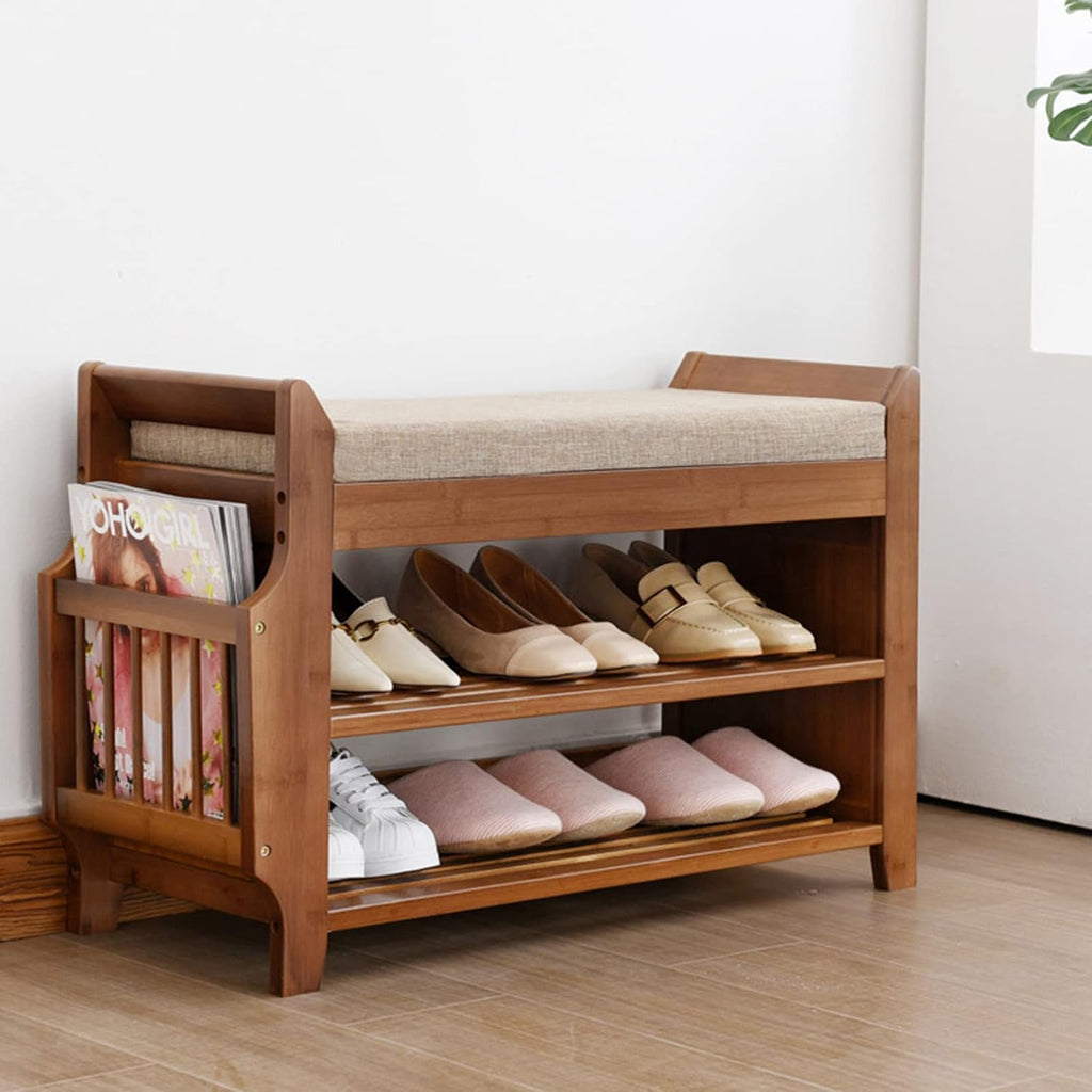 Bamboo Shoe Bench with Seat Cushion Entryway Storage Shelf a7