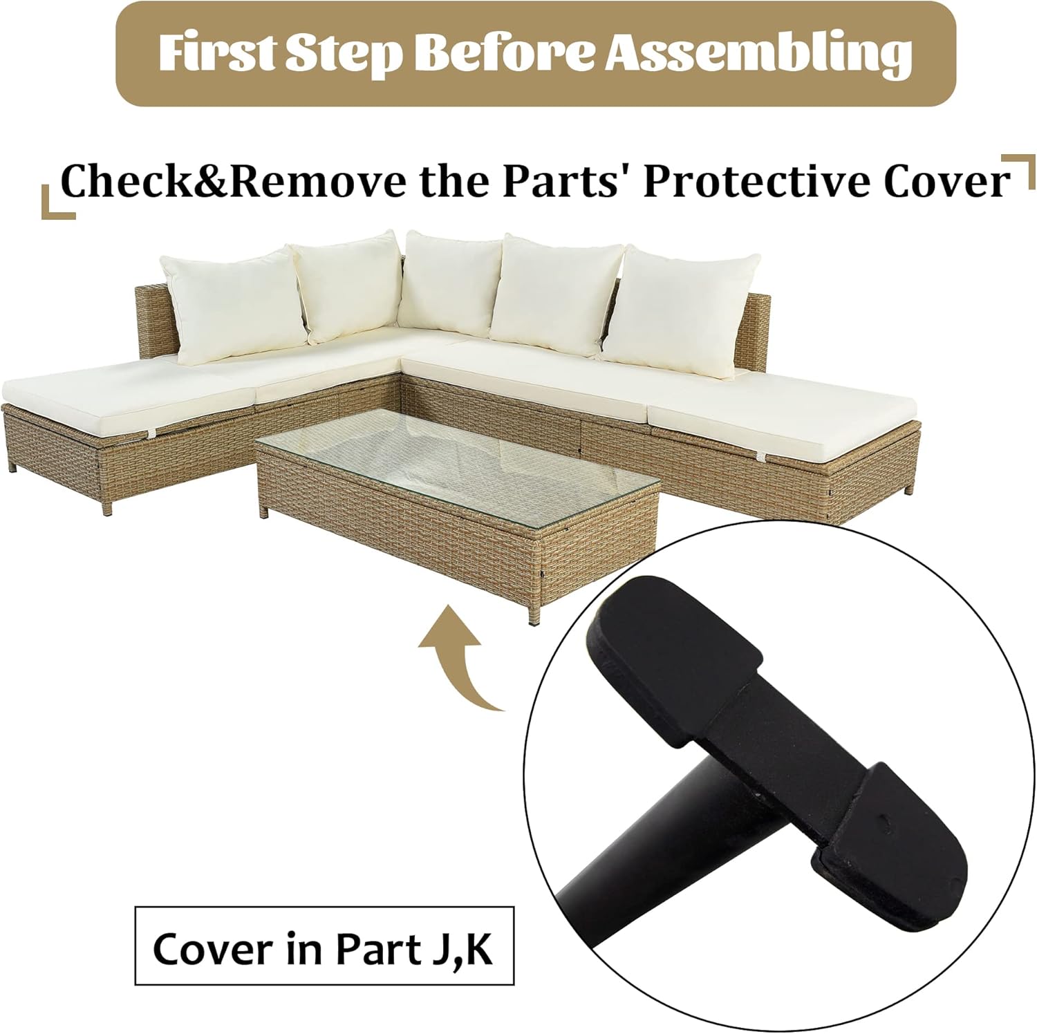 3-Piece Patio Rattan Sectional Sofa Set with Glass Table a7k