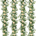 TOCHGREEN 2Pcs(13 Ft) Artificial Eucalyptus Flower Garland with White Rose Flowers,Faux Rose Vine Gypsophila Garland,Floral Garland Greenery Garland for Home Party Wedding Table Decor (White, 2PCS)