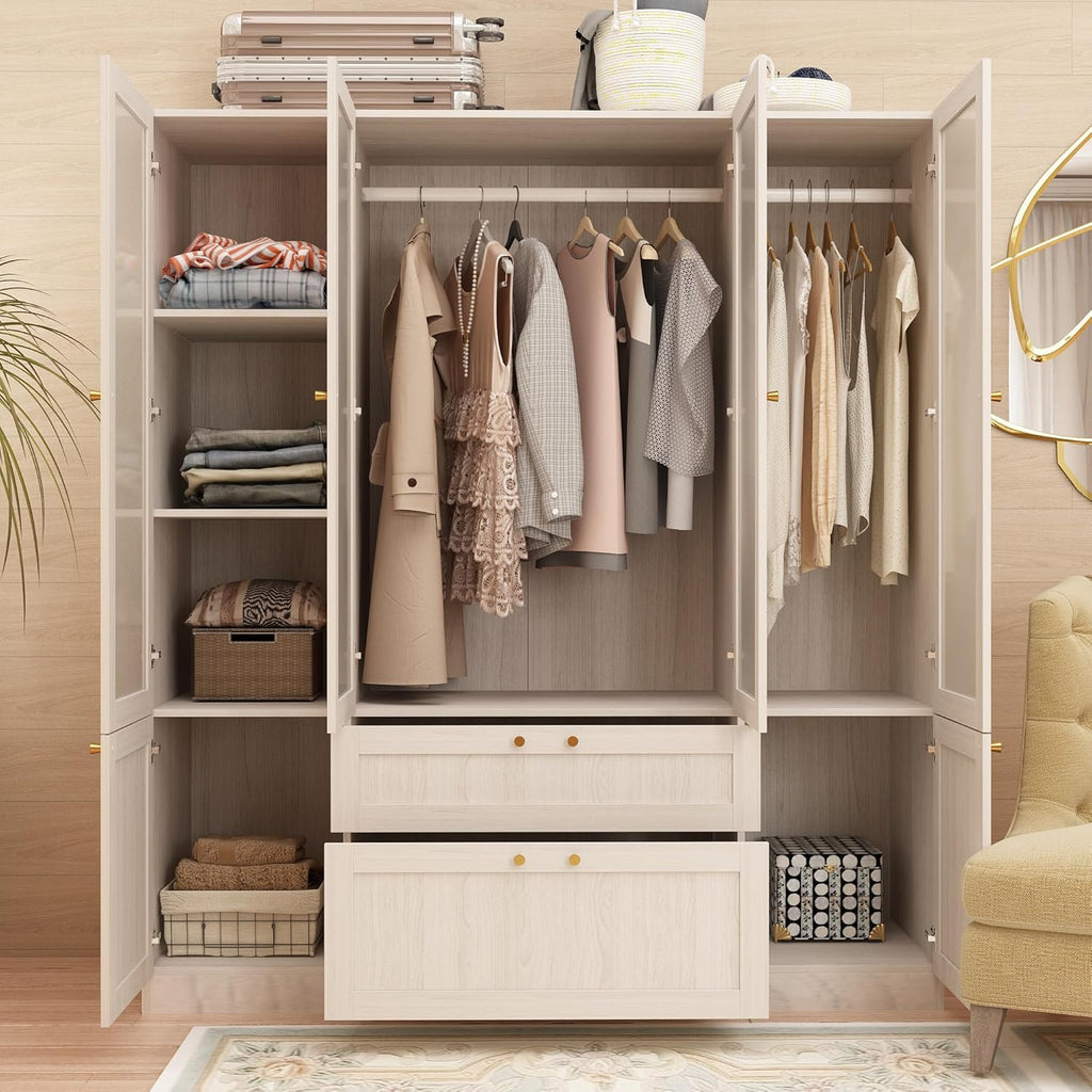 Armoire Wardrobe with 4 Frosted Glass Doors, Wooden Storage Cabinet for Bedroom k7