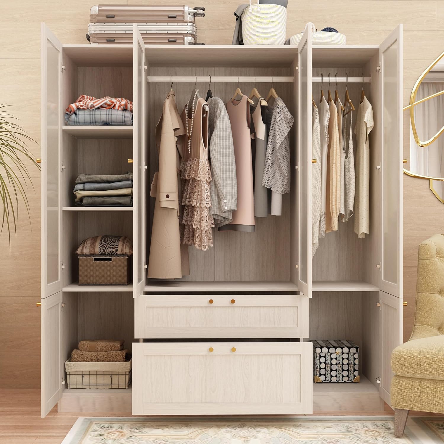 Armoire Wardrobe with 4 Frosted Glass Doors, Wooden Storage Cabinet for Bedroom k7