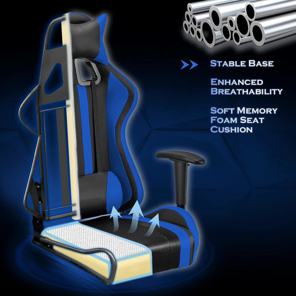 Ergonomic Gaming Chair with Footrest and Adjustable Headrest Lumbar Pillow Reddish Blue k7m