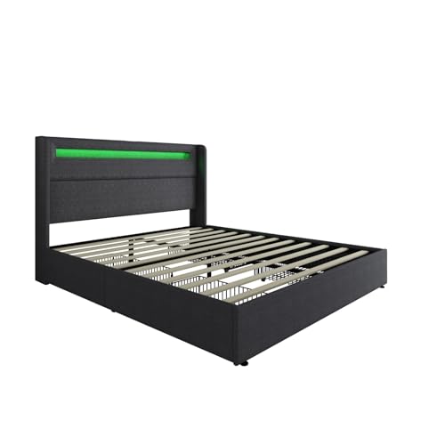 Queen LED Bed Frame with Wingback Headboard, Platform Bed with Storage Drawers a7k