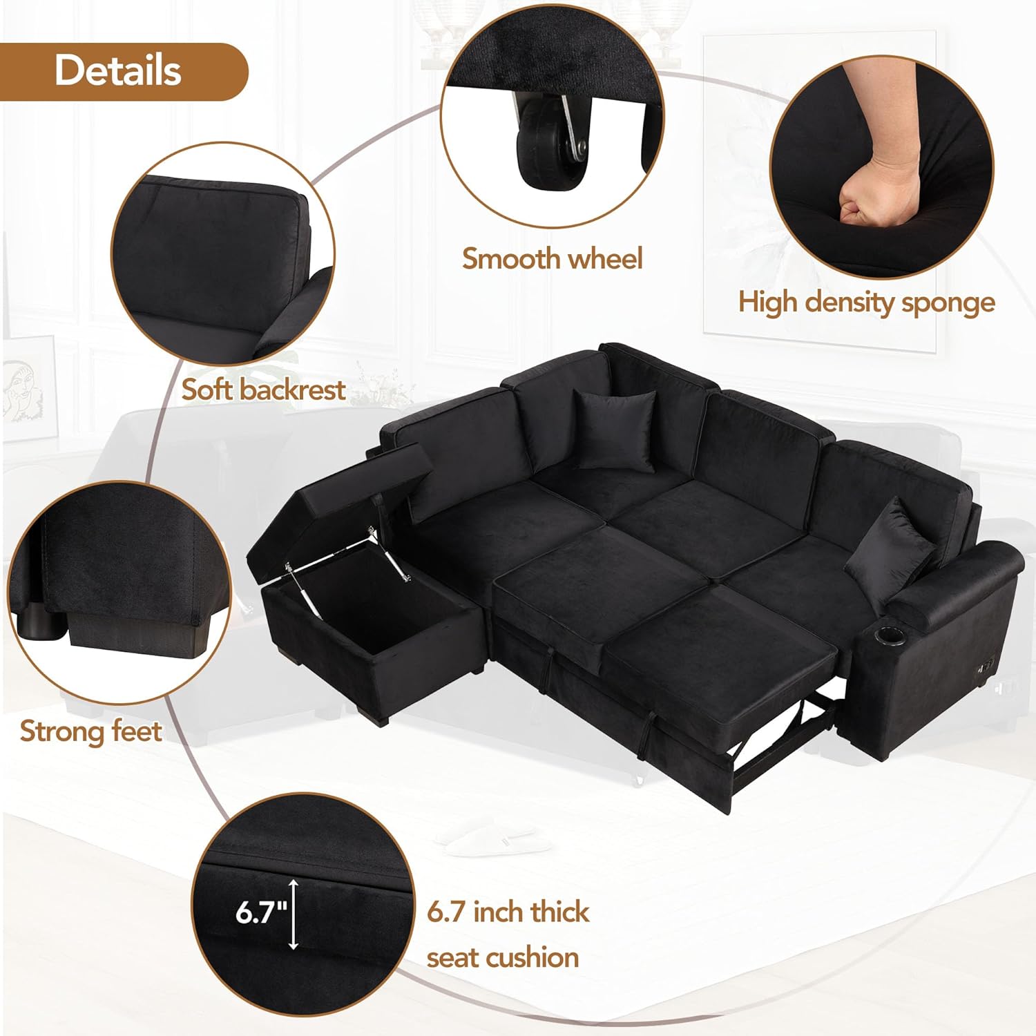 87.4'' Sleeper Sofa Bed 2 in 1 L Shape Couch with Storage Ottoman Black k7