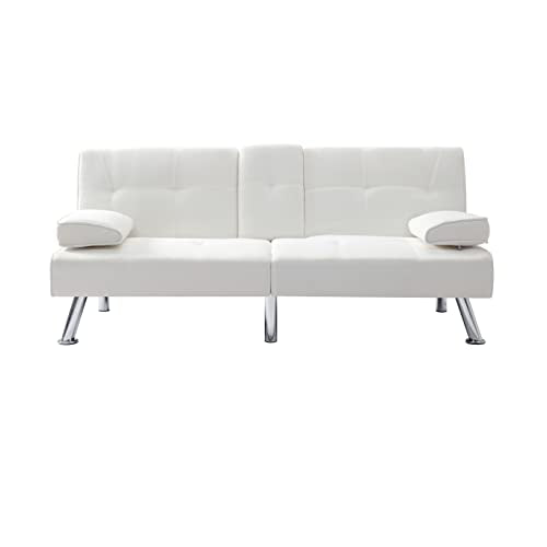 Synthetic Leather Cushion Modern Convertible futon, Adjustable Folding Sofa Bed, Guest Room Bed with Detachable armrests, Two Cup Holders, Metal Legs (Polyester Blend, Beige)