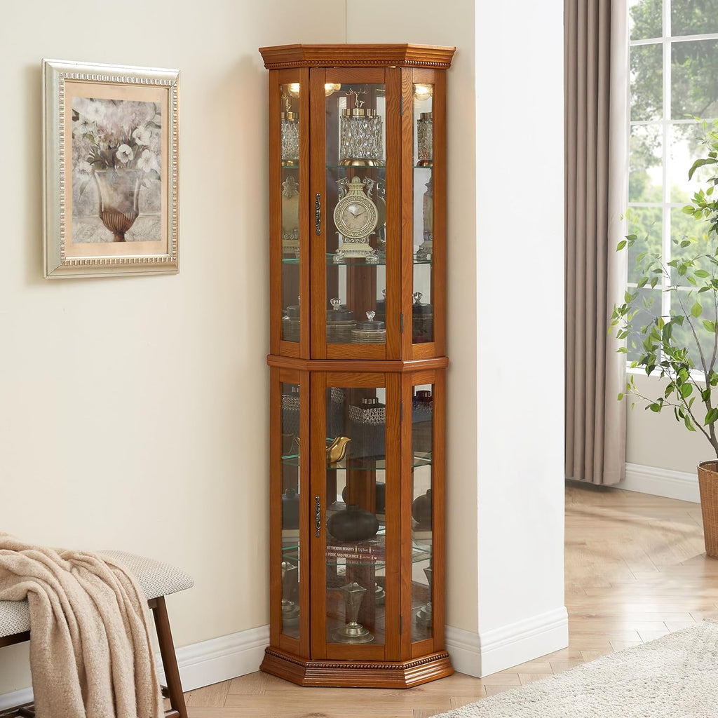Corner Curio Cabinet with Lights, Adjustable Tempered Glass Shelves, Mirrored Back, Display Cabinet (Tall, Oak)