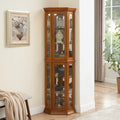 Corner Curio Cabinet with Lights, Adjustable Tempered Glass Shelves, Mirrored Back, Display Cabinet (Tall, Oak)