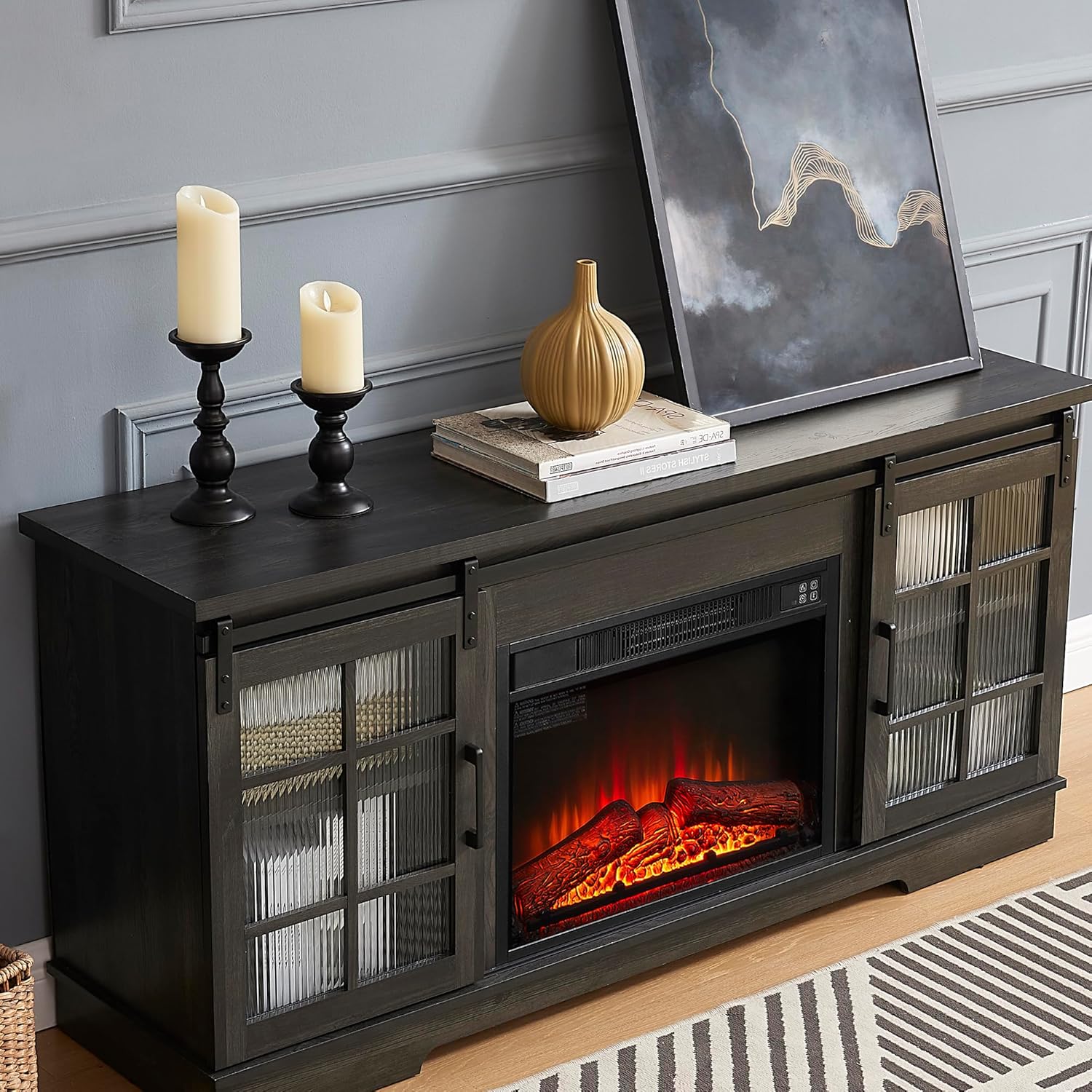 Electric Fireplace TV Stand for 65 Inch TV with LED Lights and Storage Drawers Charcoal Grey k7