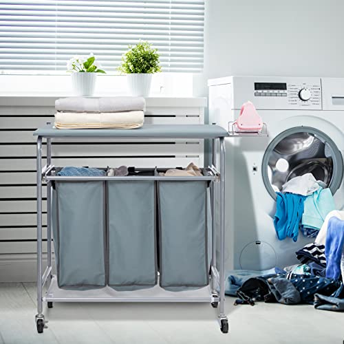 Laundry Sorter with Ironing Board and Rolling 3-Bag Hamper a7k