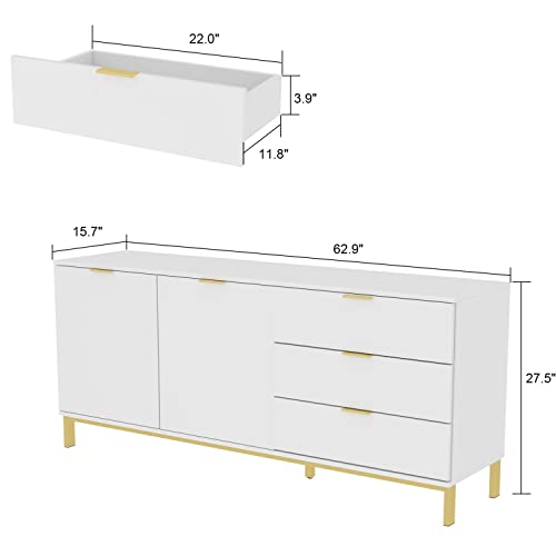 Sideboard Storage Cabinet with Drawers and Doors, Gold Metal Frame Legs White a7