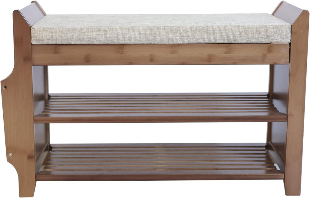 OUKANING 2 Tier Shoe Bench Chair Bamboo Shoe Rack with Seat Cushion Shoe Cabinet Organizer Entryway Storage Shelf for Shoes for Hallway Bathroom Closet Apartment,30.9x19.5x11.6in,400lb Load