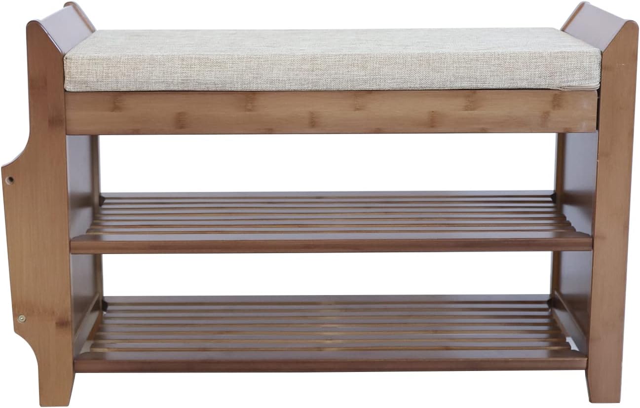 OUKANING 2 Tier Shoe Bench Chair Bamboo Shoe Rack with Seat Cushion Shoe Cabinet Organizer Entryway Storage Shelf for Shoes for Hallway Bathroom Closet Apartment,30.9x19.5x11.6in,400lb Load