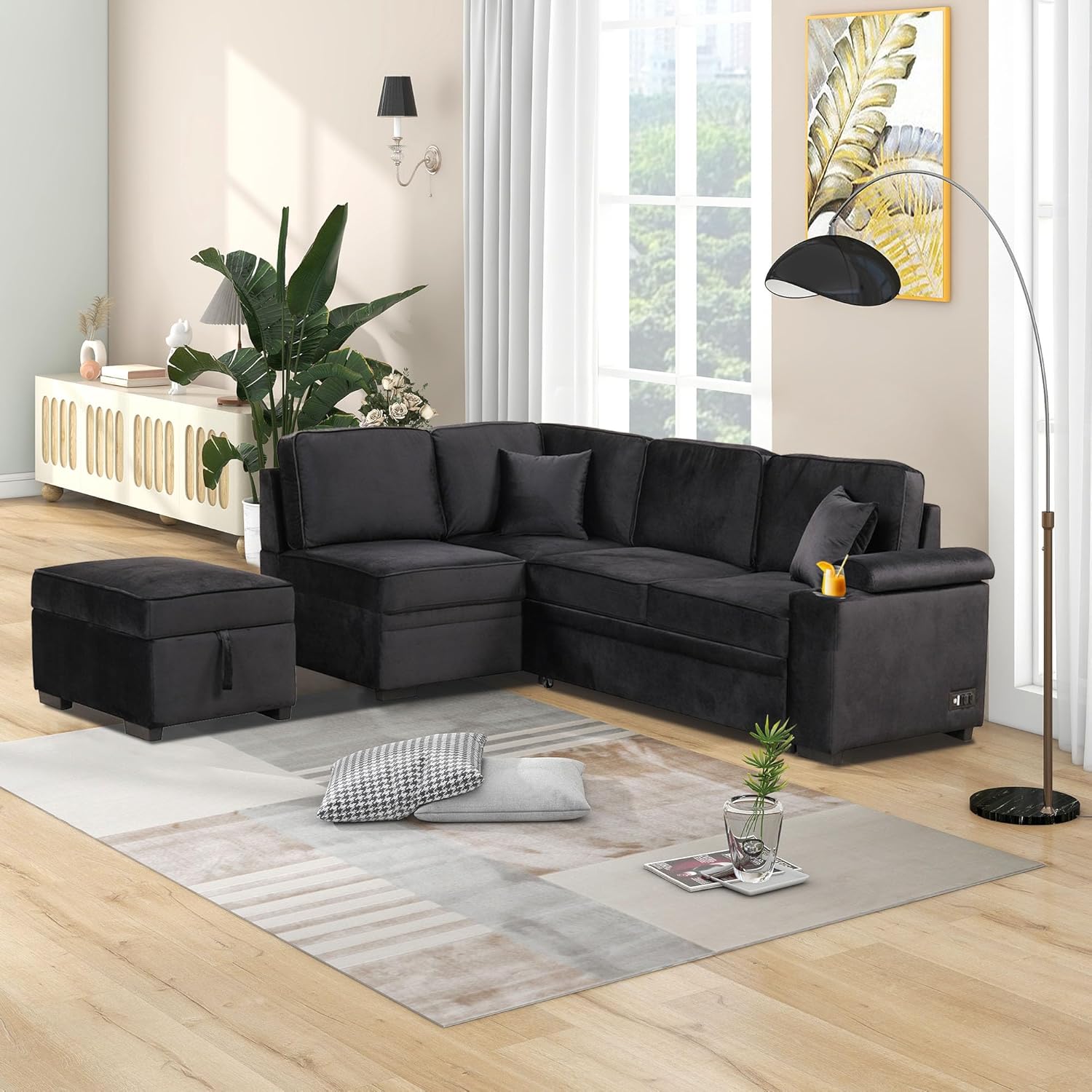 87.4'' Sleeper Sofa Bed,2 in 1 Pull Out Sofa Bed L Shape Couch with Storage Ottoman for Living Room,Bedroom Couch and Small Apartment, Black