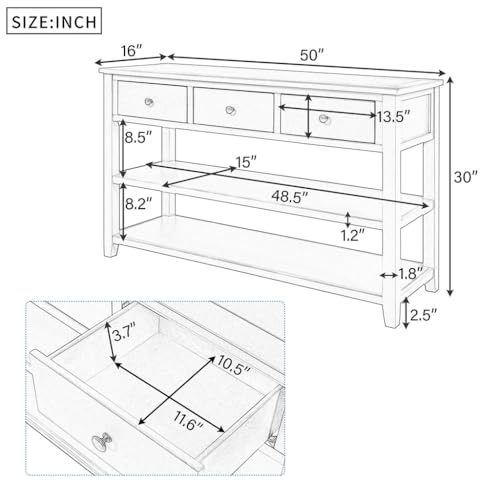 Console Hallway Table with 2 Shelves and 3 Drawers, Solid Wood, Beige k7m