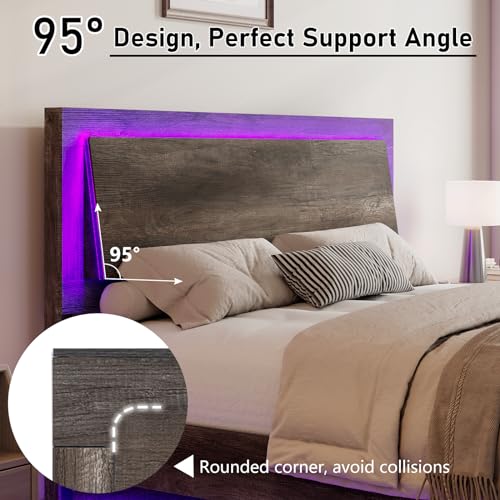 Rustic Grey Floating Platform Bed Frame with Headboard and LED Light k7m