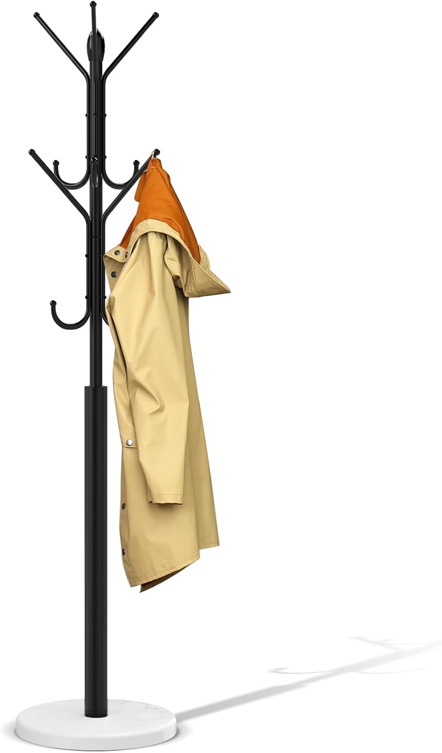 Coat Racks Free Standing,Metal Sturdy Coat Rack with 12 Storages,Coat Tree with Natural Marble Base,For Hanging Coat Bags Hats Umbrella,For Entryway Bedroom Office