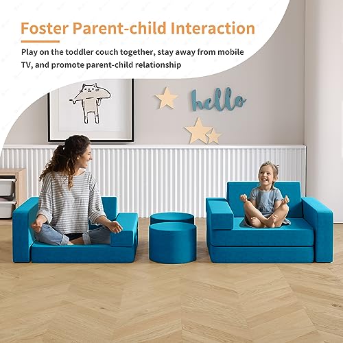Modular Kids Play Couch with 2 Ottomans, Fold Out for Playroom Bedroom Blueberry L k7q