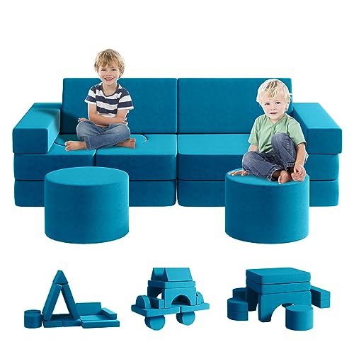 Modular Kids Play Couch13PCS, Modular Couch Kids with 2 ottomans, Fold Out Kids Couch for Playroom Bedroom, Modular Kids Couch for Boys and Girls, Kids Play Couch for Kids (Blueberry, L)