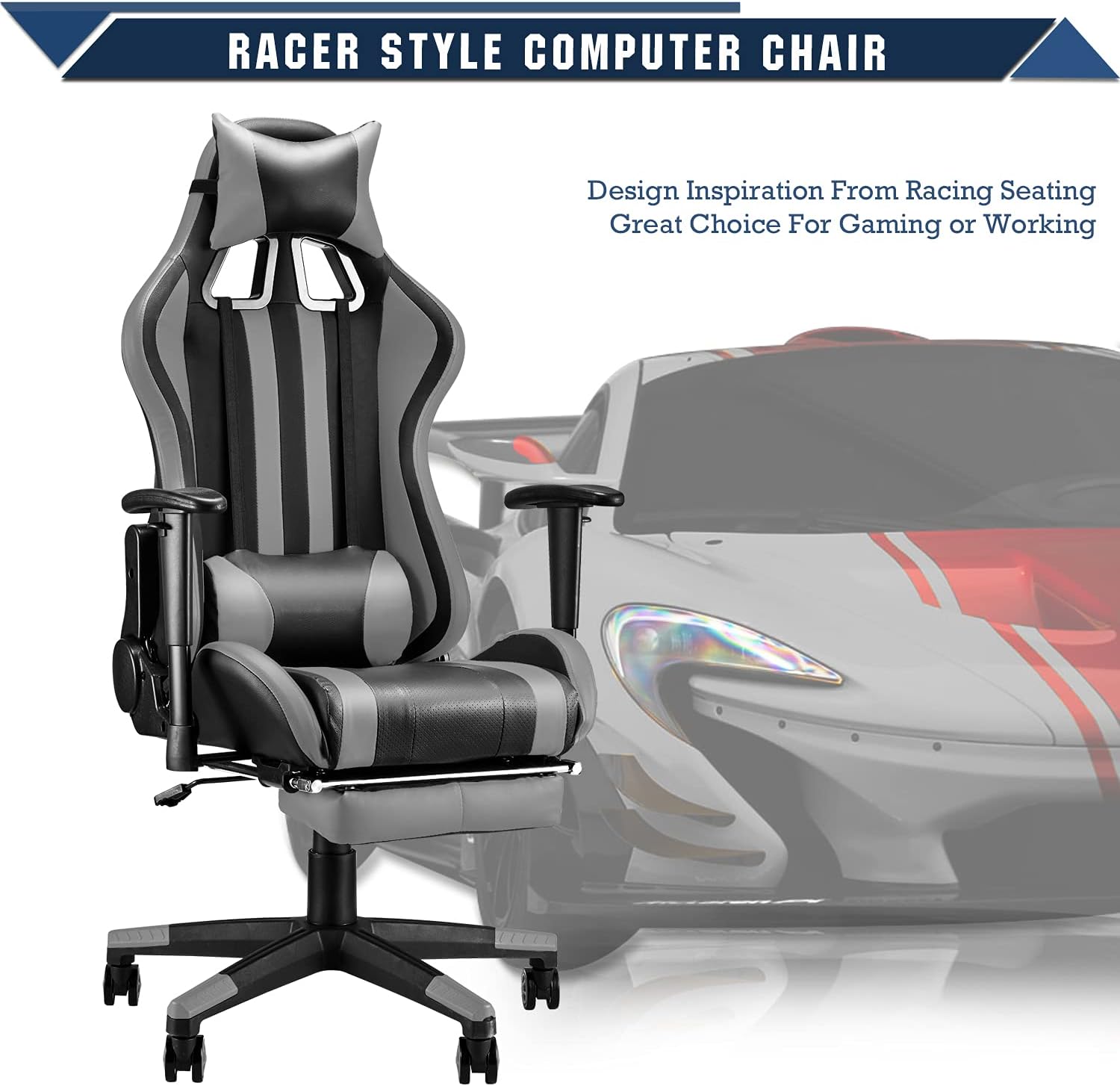 Gaming Chair with Footrest Adjustable Height Headrest Lumbar Pillow k7