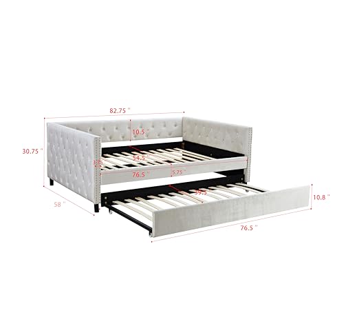 Velvet Tufted Twin Daybed with Trundle Beige k7