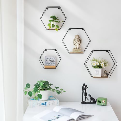 Hexagon Shelves Black Metal Wall Mount Set of 4 k7