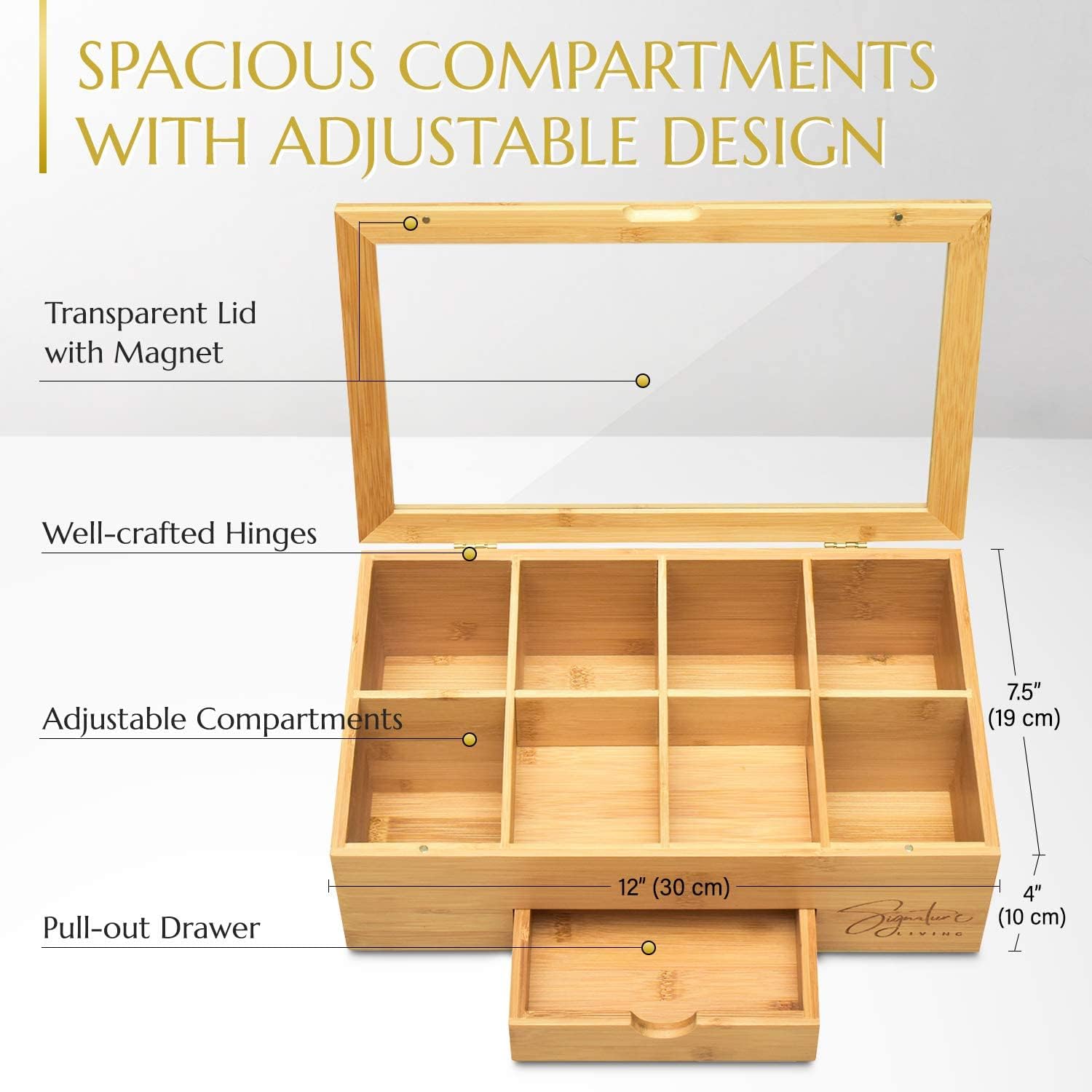 Bamboo Tea Box Organizer with Drawer 8 Compartments a7