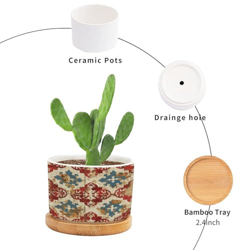 Blue White Porcelain Vase Planter Ceramic Round Pot with Bamboo Tray a7